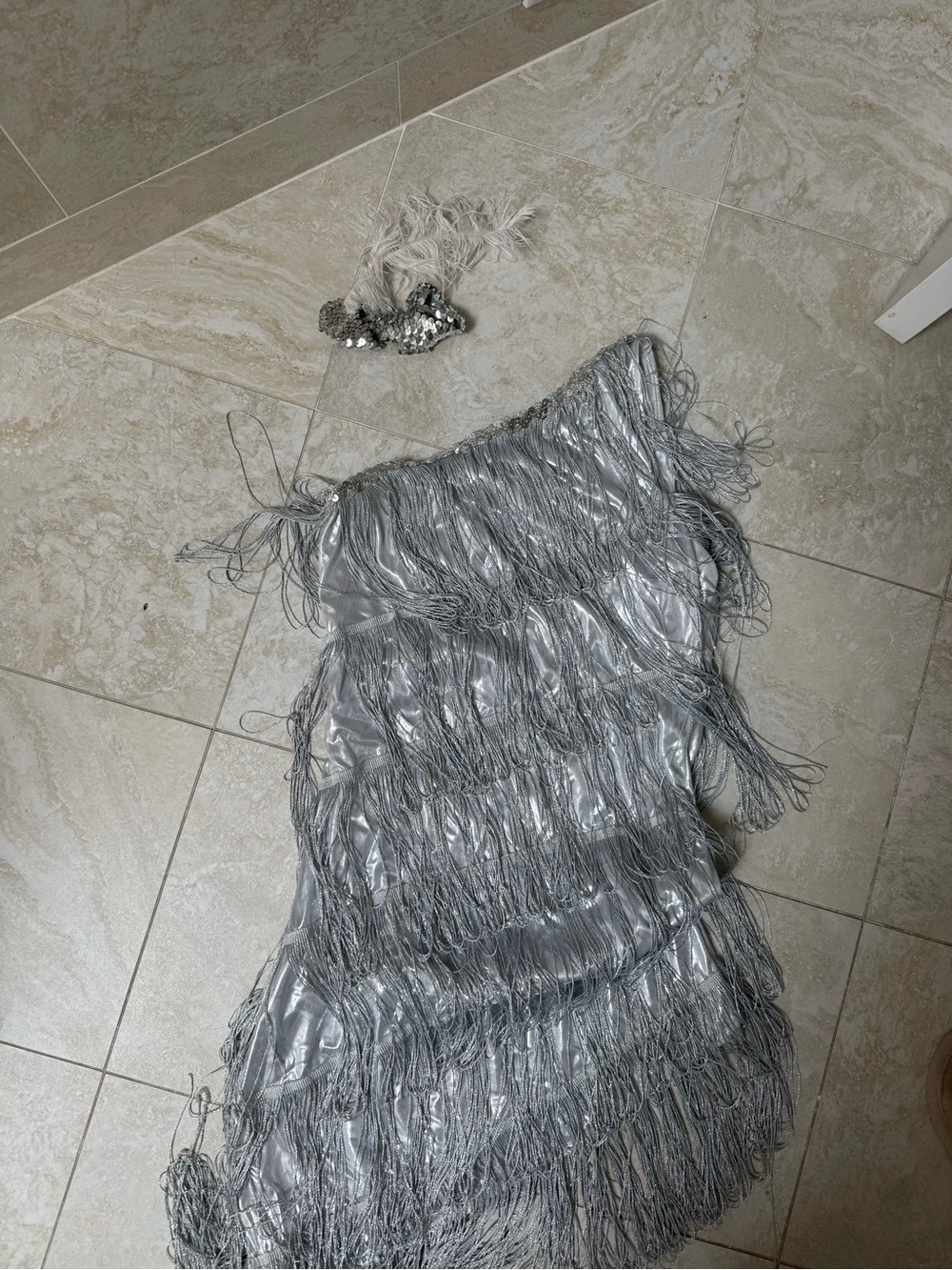 Costume - Silver fringe dress with feather headband #glamour #party